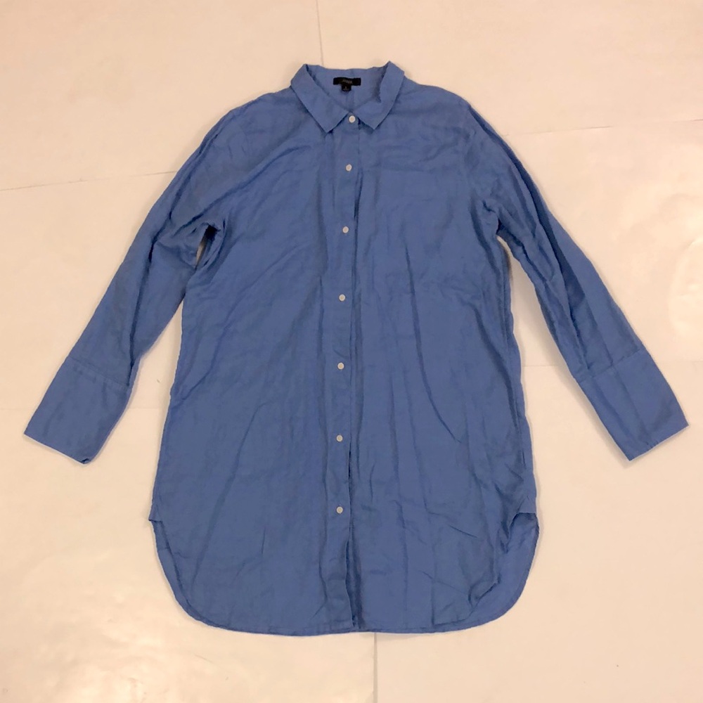 J. Crew L Dress Blue Button down Linen Cotton long sleeve split hem Excellent